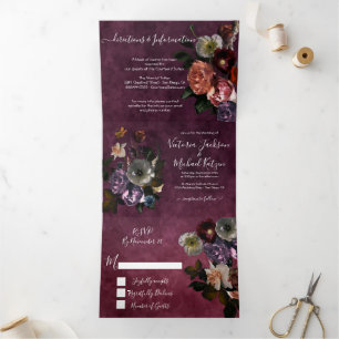 Burgundy Dutch Master Floral Dark & Moody Wedding Tri-Fold Invitation
