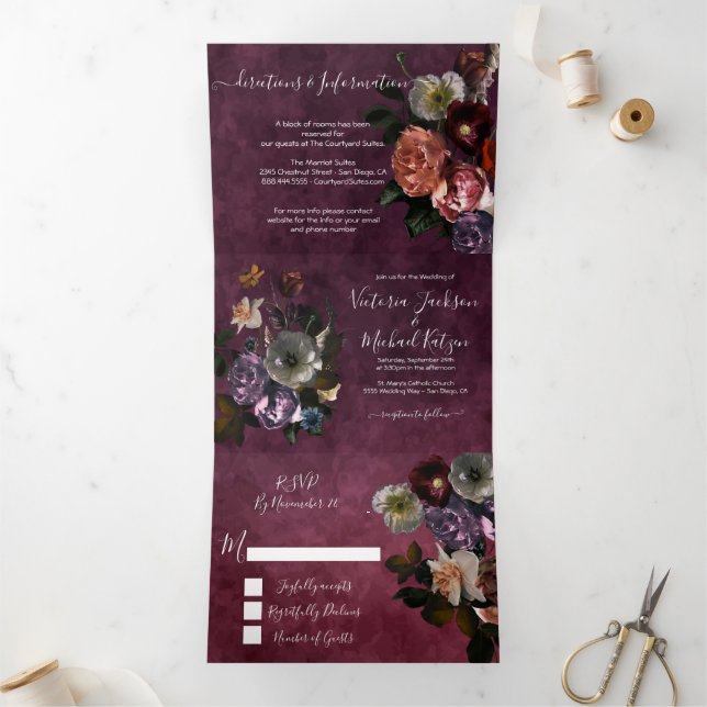 Burgundy Dutch Master Floral Dark & Moody Wedding Tri-Fold Invitation (Inside)