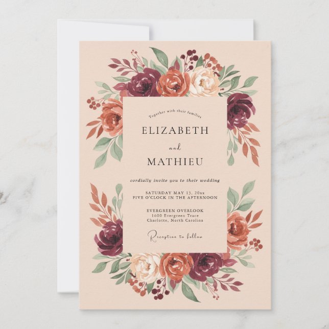Burgundy Earthy Fall Wedding Invitation (Front)