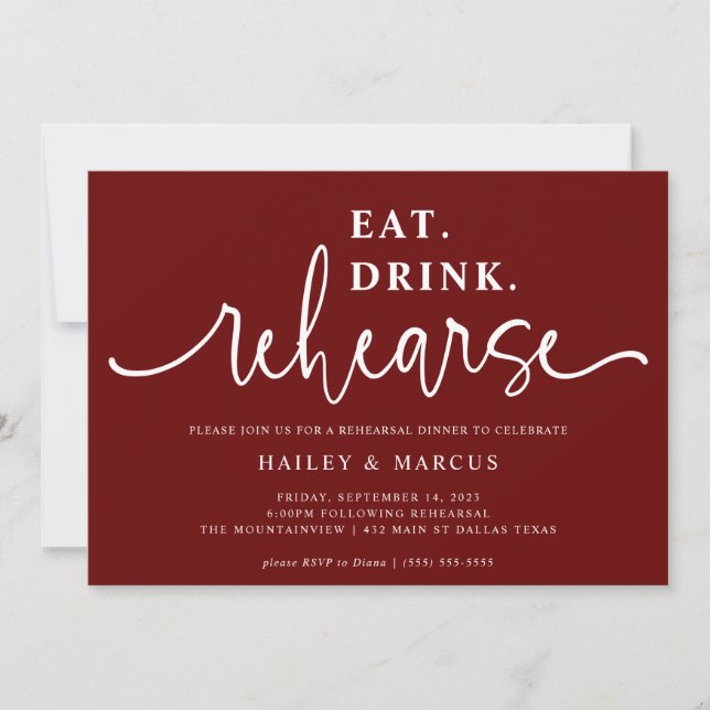 Burgundy Eat Drink Rehearse Rehearsal Dinner Invitation (Front)