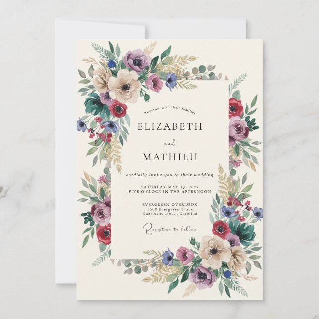 Burgundy Eclectic Botanical Wedding Invitation (Front)