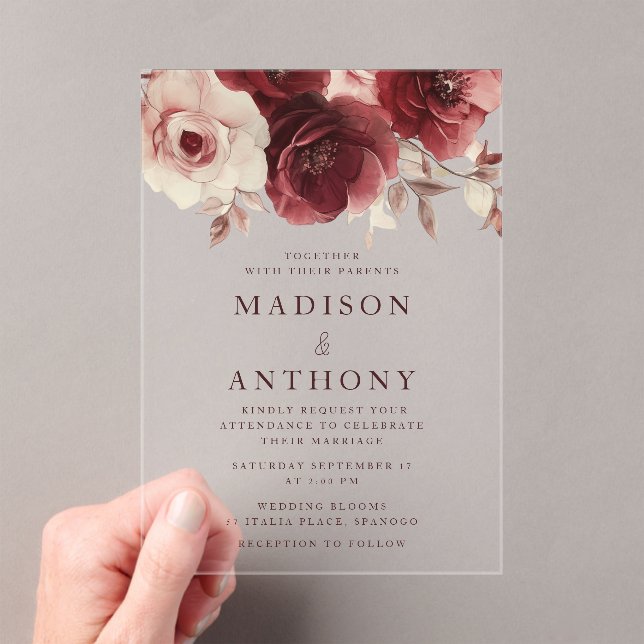 Burgundy Elegance Vintage Rose Wedding Acrylic Invitations (Insitu (Handheld))