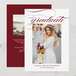 Burgundy Elegant Calligraphy Photo Graduation Invitation