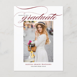 Burgundy Elegant Calligraphy Photo Graduation Invitation Postcard