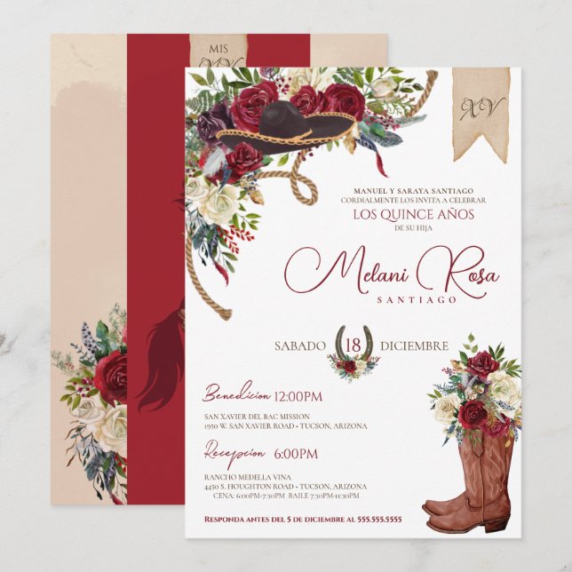 Burgundy Elegant Charro Spanish Quinceanera Invitation (Front/Back)