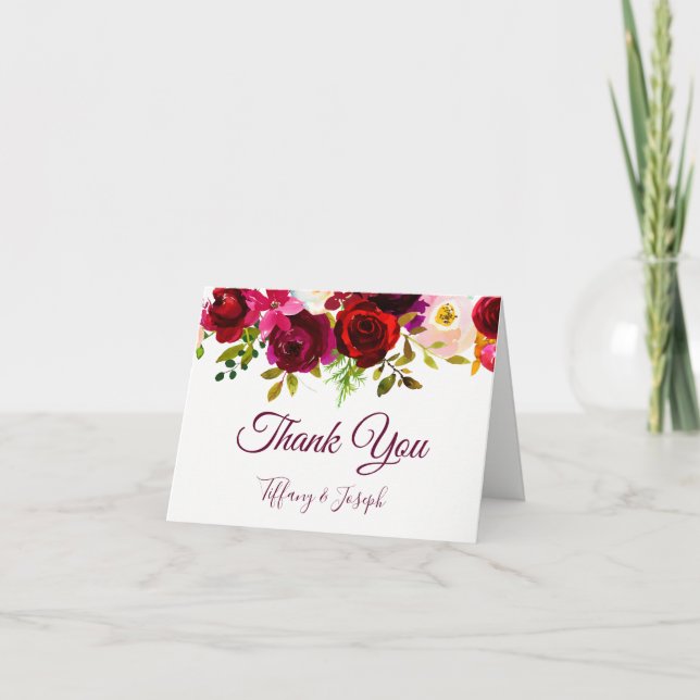 Burgundy Elegant Floral Garden Wedding Thank You (Front)