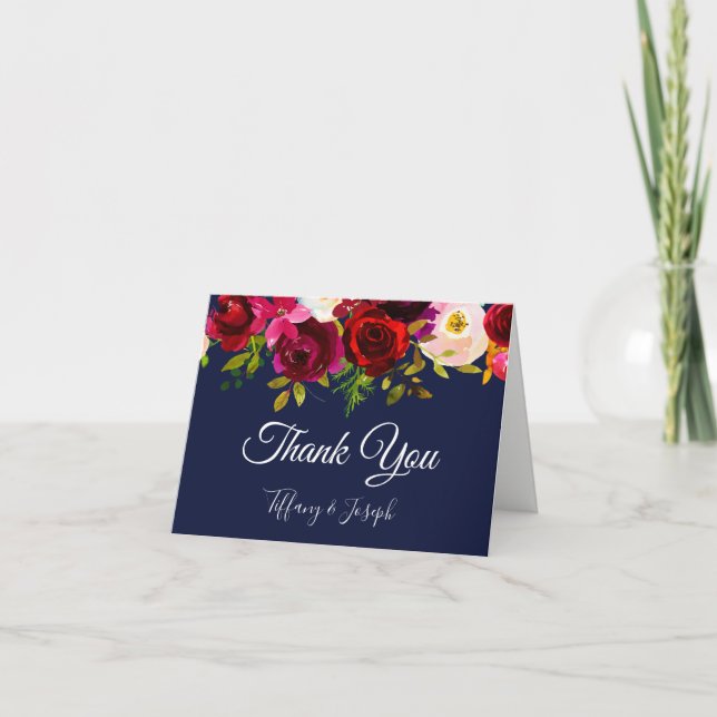 Burgundy Elegant Floral Navy Wedding Thank You Card (Front)