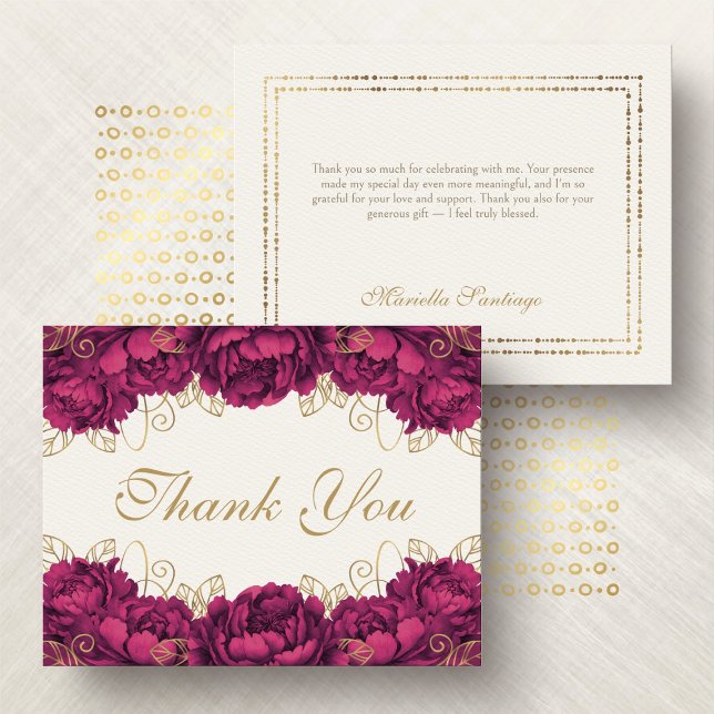 Burgundy Elegant Floral Quinceanera Thank You Card (Creator Uploaded)