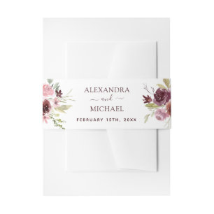 Burgundy Elegant Floral Watercolor Wedding Invitation Belly Band