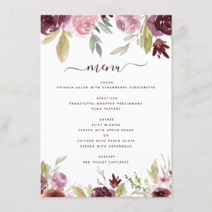 Burgundy Elegant Flowers Floral Wedding Reception Menu