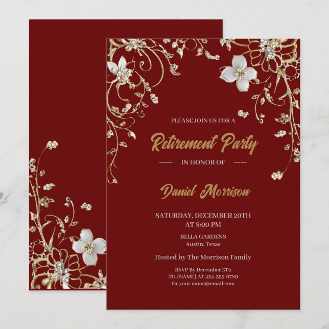 Burgundy Elegant Gold Floral Frame Retirement 2025 Invitation (Front/Back)