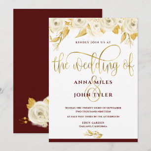 Burgundy Elegant Gold Typography Gold White Roses Invitation