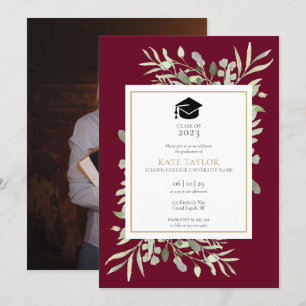 Burgundy Elegant Greenery Photo Graduation Party Invitation