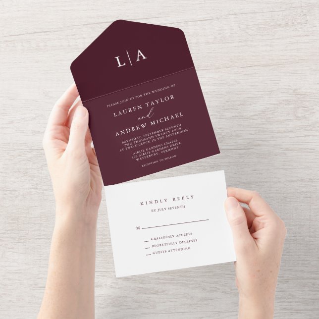 Burgundy Elegant Minimalist Wedding All In One Invitation (Tearaway)