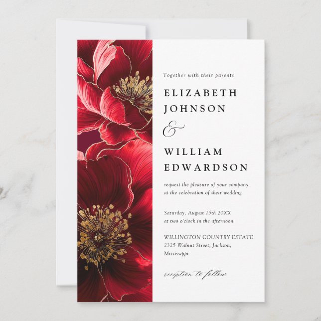 Burgundy Elegant Modern Floral QR Code Wedding Invitation (Front)