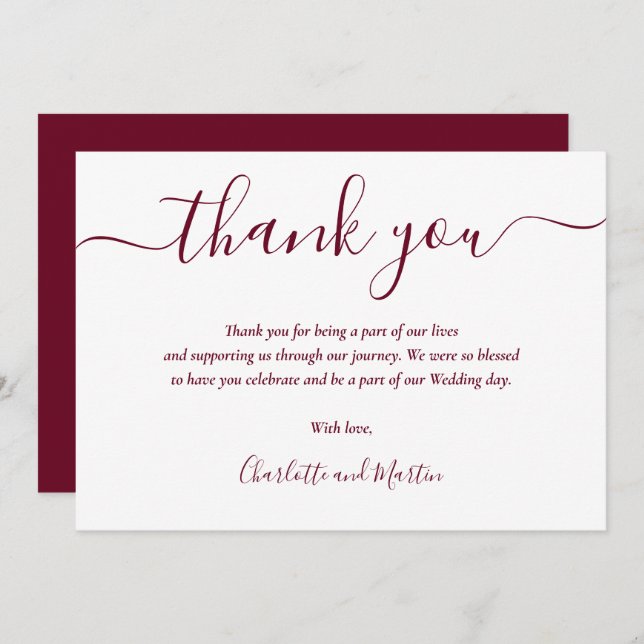 Burgundy Elegant Modern Script Thank You Card (Front/Back)