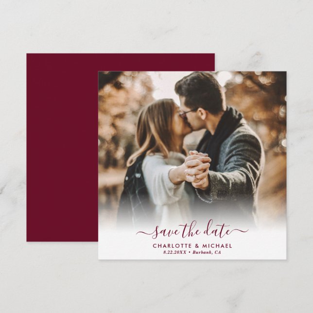 Burgundy Elegant Modern Script Wedding Photo Announcement (Front/Back)