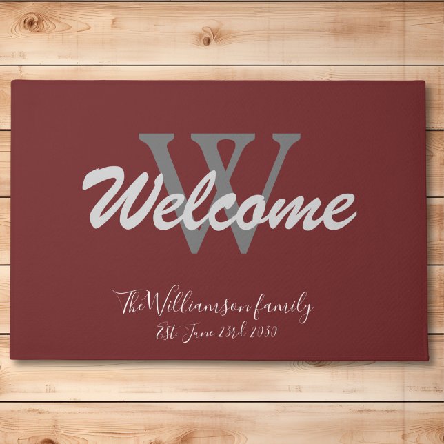Burgundy Elegant Monogram Outdoor Wedding Welcome  Doormat (Front door welcome mat. Elegant burgundy monogramed doormat. The perfect wedding/housewarming gift. )