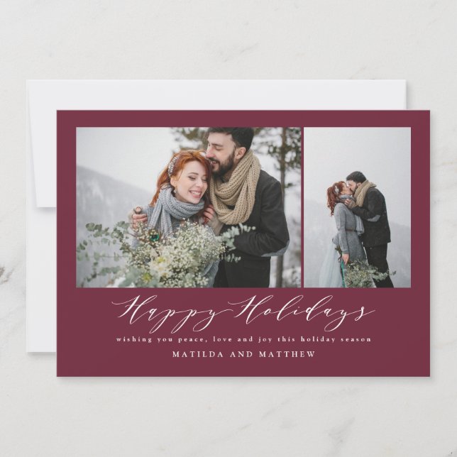 Burgundy elegant photo collage christmas script holiday card (Front)