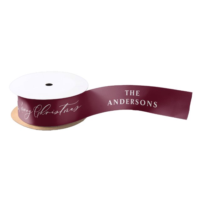 Burgundy elegant script Christmas personalised Satin Ribbon (Spool)