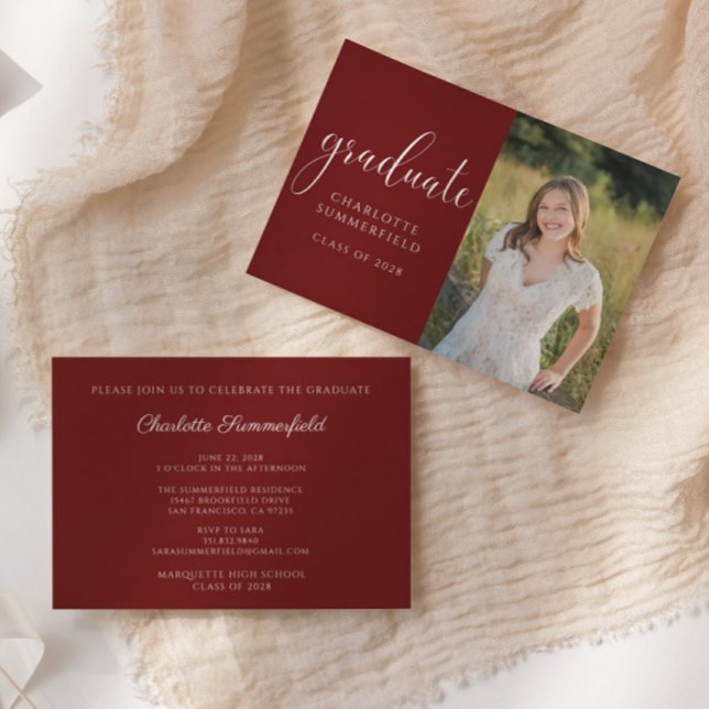 Burgundy Elegant Script Graduation Photo Invitation (Creator Uploaded)