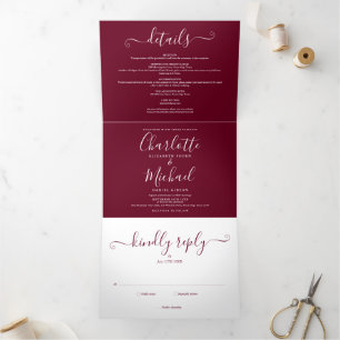 Burgundy Elegant Script Minimalist Photo Wedding Tri-Fold Invitation