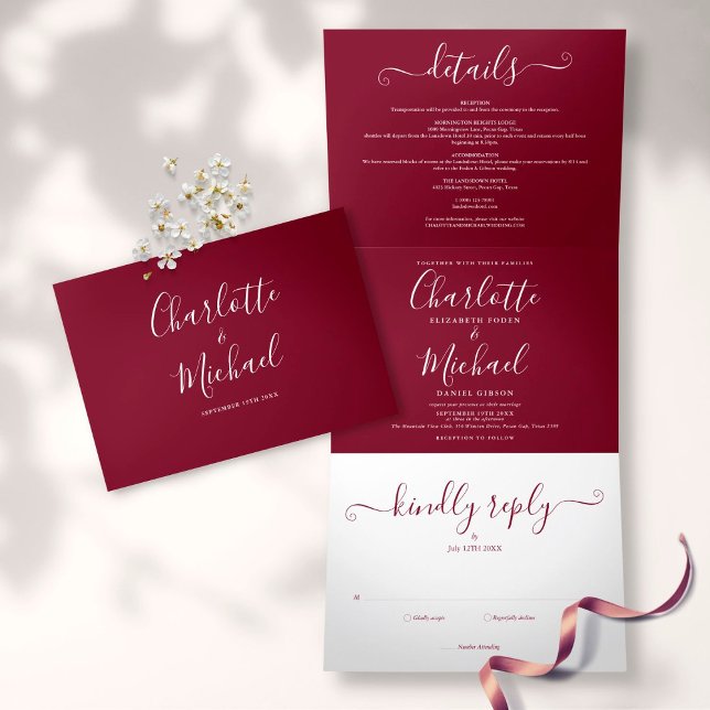 Burgundy Elegant Script Monogram Wedding Tri-Fold Invitation (Creator Uploaded)