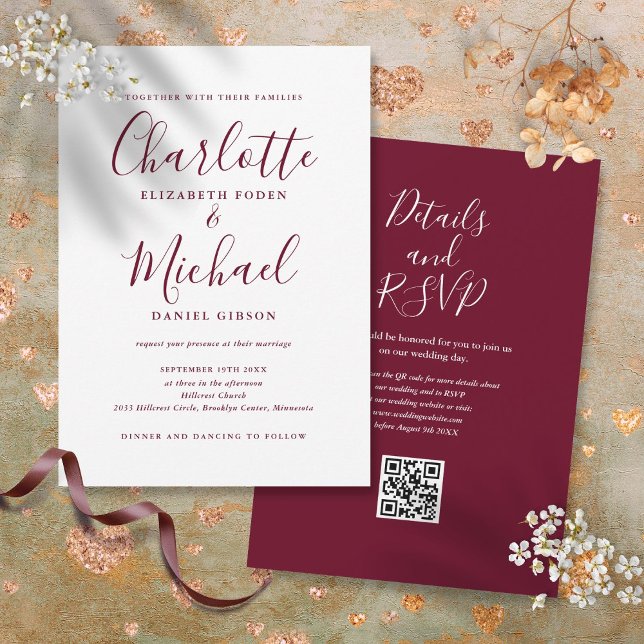 Burgundy Elegant Script QR Code Wedding Invitation (Burgundy Elegant Script QR Code Wedding Invitation)