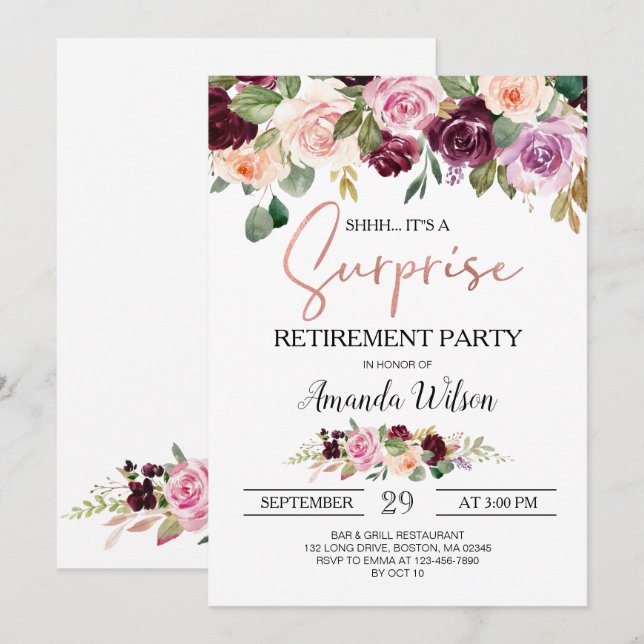 Burgundy Elegant Script Surprise Retirement Party  Invitation (Front/Back)