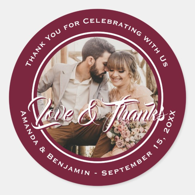 Burgundy Elegant Script Wedding Photo Favour Classic Round Sticker (Front)