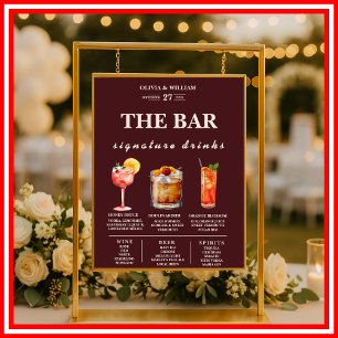 Burgundy Elegant Signature Drinks Wedding Bar Menu Poster