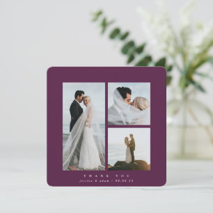 Burgundy Elegant Square Three Photo Wedding Thank You Card
