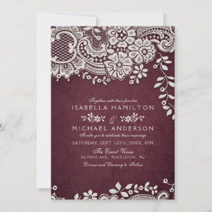 Burgundy elegant vintage lace rustic wedding invitation