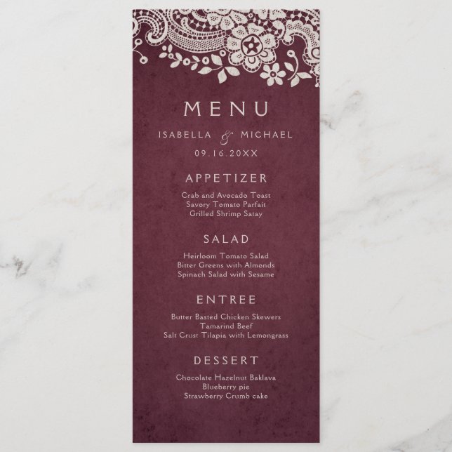 Burgundy elegant vintage lace rustic wedding menu (Front)