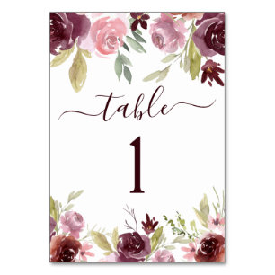 Burgundy Elegant Watercolor Floral Wedding Table Number