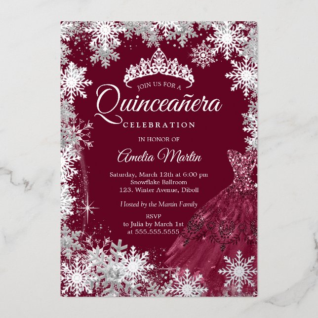 Burgundy Elegant Winter Snowflake Quinceanera (Front)
