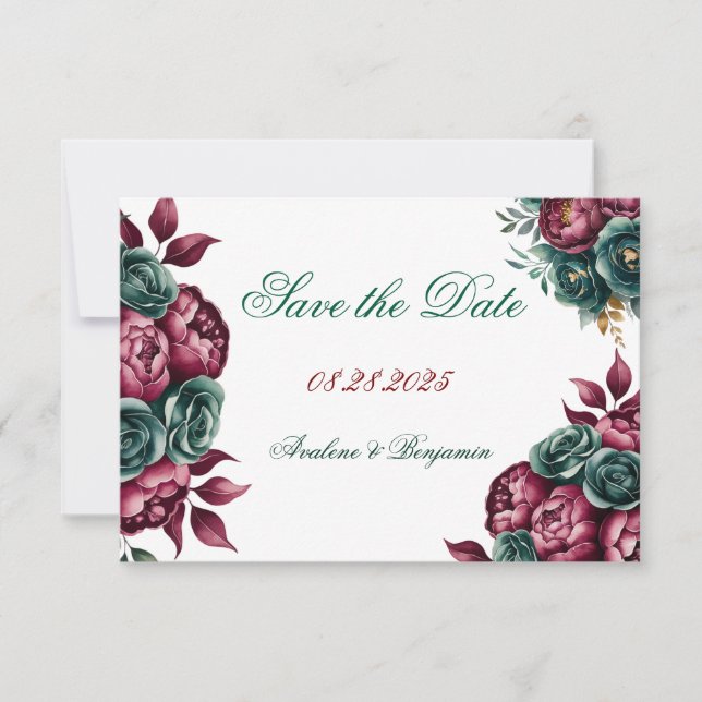 Burgundy Emerald Green Peony Gold Trim Wedding Save The Date (Front)