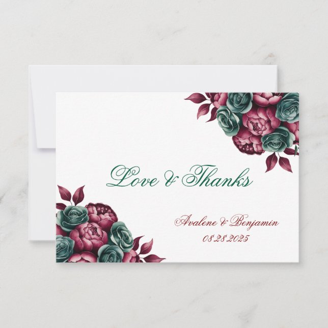 Burgundy Emerald Green Peony Gold Trim Wedding Thank You Card (Front)