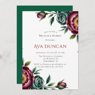 Burgundy & Emerald Peony Winter Brunch & Bubbly Invitation