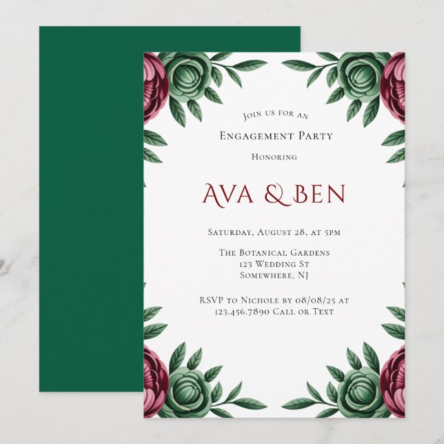 Burgundy & Emerald Peony Winter Engagement Party Invitation (Front/Back)