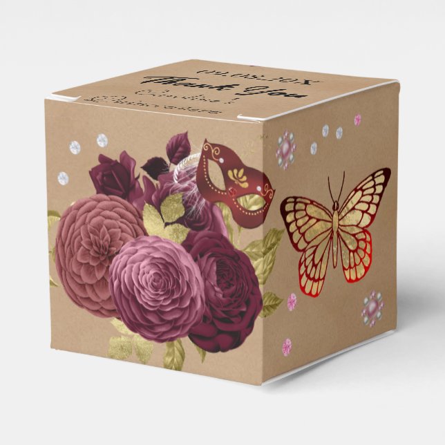 Burgundy English Roses Chic Quinceañera Masquerade Favor Box (Front Side)
