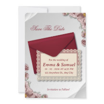Burgundy Envelope& White Lace Floral Save the Date