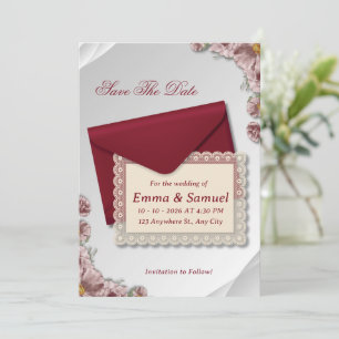 Burgundy Envelope& White Lace Floral Save the Date Announcement