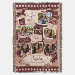 Burgundy Ephemera Birthday 6 Photo Collage Throw Blanket