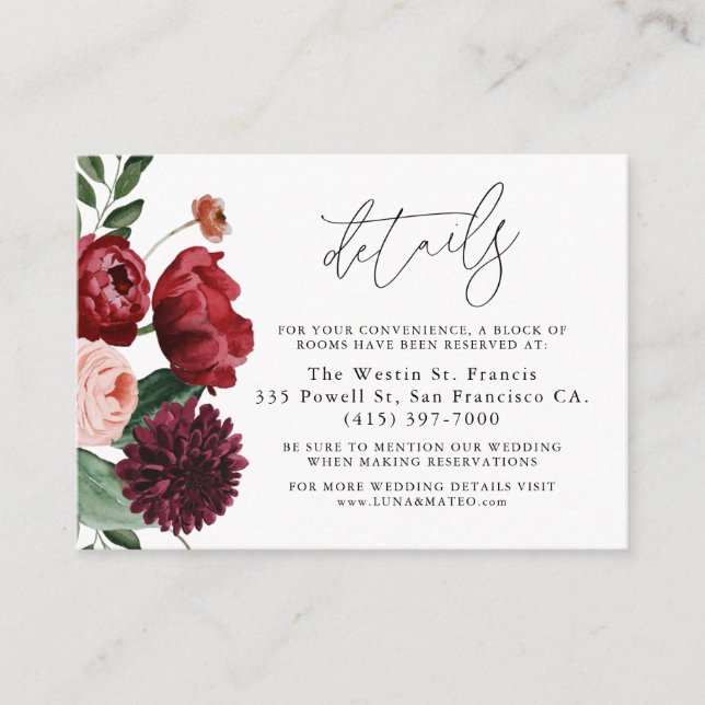 Burgundy et Blush Mariage Détails Carte de boîtier (Devant)