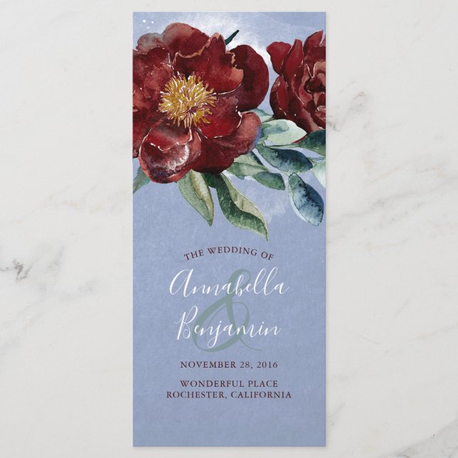 Burgundy et Dusty Blue Romantic Wedding Programmes (Devant)