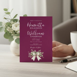 Burgundy Eucalyptus Bow all in one Wedding  Invitation