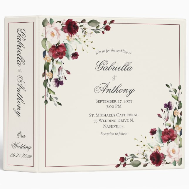 Burgundy Eucalyptus Floral Wedding Invitation 3 Ri Binder (Front/Spine)