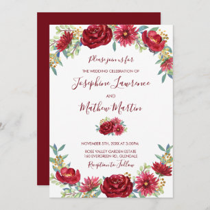 Burgundy Eucalyptus Watercolor Floral Fall Wedding Invitation
