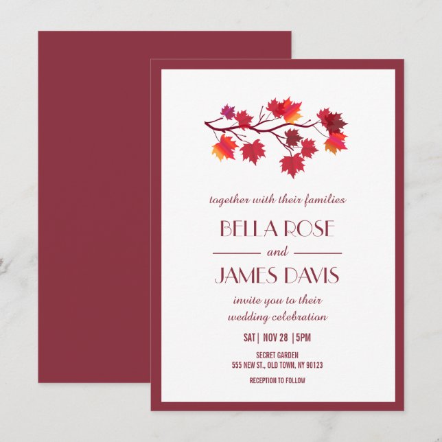 Burgundy Fall Autumn Leaves Wedding Invitations (Front/Back)